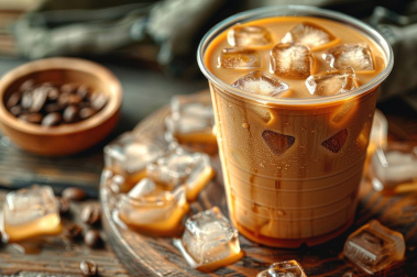 แก้วกาแฟเย็นใส่น้ำแข็งก้อนสี่เหลี่ยมใส
